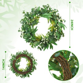 WGXX 24Inch Artificial Eucalyptus Berry Wreath Spring Summer Wreaths for Front Door Decor Green Leaf Eucalyptus Wreaths Boxwood Wreath Outside Year Round Window Hanging Wall Party Decorations