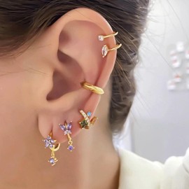 Mini Huggie Hoop Earrings With Dangle Charm 925 Sterling Silver Gold Tiny Small Cz Cubic Zirconia Butterfly Flower Dangling Hoop Earrings