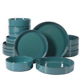 Bloomhouse - Two Time Oprah's Favorite Things Winner - Santorini Mist Double Bowl Terracotta Reactive Glaze Plates and Bowls Dinnerware Set - Jade Blue Green, Service for Four (16pcs)