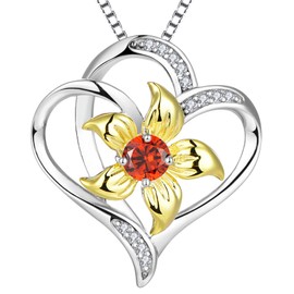 YL Women's Heart Necklace Sterling Silver Lily Flower Love Pendant 18k White Gold Created Garnet Jewelry