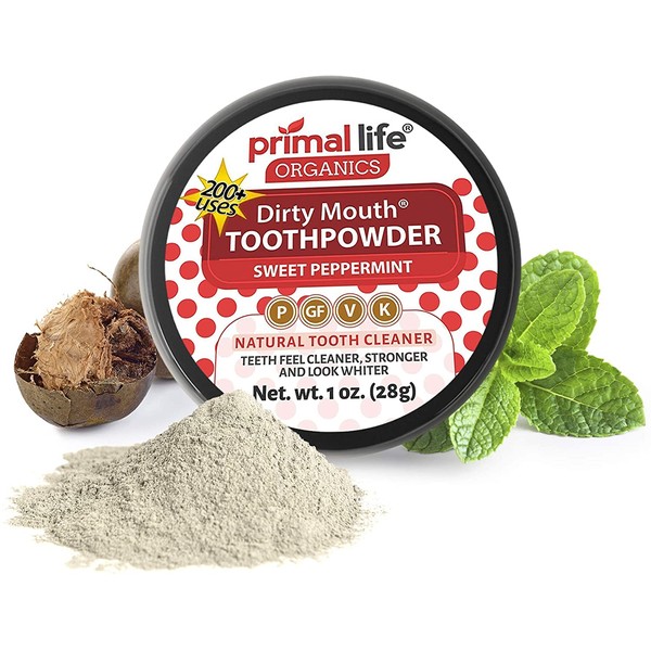 Dirty Mouth Tooth Powder for Teeth Whitening, Toothpaste Powder Teeth Whitener with Essential Oils and Bentonite Clay, 200 uses, Sweet Peppermint Flavor (1 oz) - Primal Life Organics