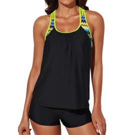 Aleumdr Tankini Underwire Swimsuits for Women Halter Padded Blouson Bathing Suit Slimming Ladies Plus Size Swimwear Plus Size Striped Black X-Large