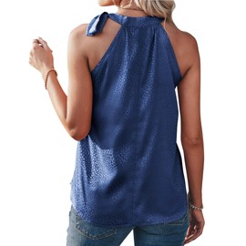 BTFBM Women Sleeveless Tie Mock Neck Summer Tops Loose Casual Side Bow Satin Halter Tank Top Blouse Shirts(Navy, X-Large)