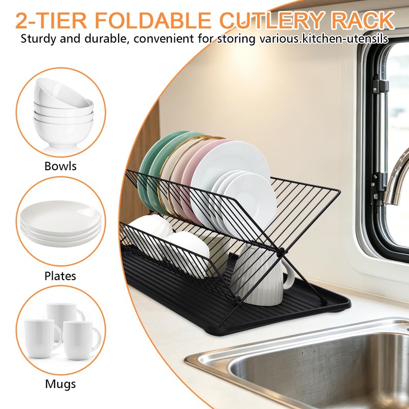 RV Foldable Dish Drying Rack, 2-Tier with Drip Tray, Stainless