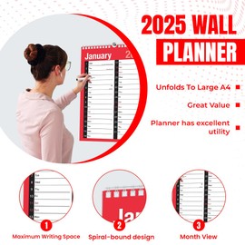 2025 Calendar Spiral Bound Wall Planner for Home Business Office School 1 January 2025 to 31 December 2025 (A4 Large Print Month To View)