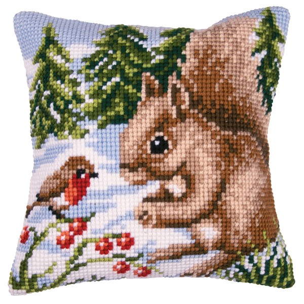 Vervaco Winter Scene Squirrel/ Robin Cross Stitch Cushion, Multi-Colour