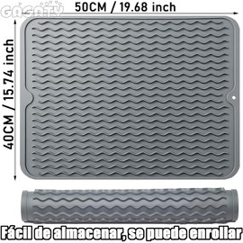 Tapete de Silicona para Secar Platos, 40CM x 50CM, Gris Tapete de Secado para Encimera de Cocina, Alfombrilla Escurreplatos para Cocina, Encimera, Fregadero