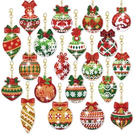 Satiskid 20 PCS Christmas Diamond Painting Keychains, Double Sided Diamond Art Keychain, 5D DIY Colorful Christmas Ball Painting Key Ring Pendant, Xmas Key Pendant Kits for Kids Adults