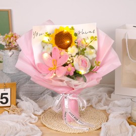 Weldomcor Crochet Flower Bouquet LED Tulips Roses Sunflowers Artificial Knitted Flowers Bouquet Pink Crocheted Yarn Floral Mother's Day Graduation Wedding Gifts Home Decor for Women Wife Lover