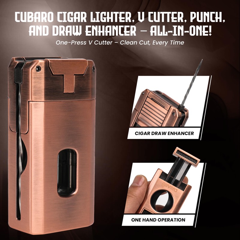 CUBARO Cigar Lighter with V Cutter, Punch, Draw Tool –