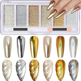 DRMODE- Polvo para uñas cromado dorado y plateado, 6 colores, unicornio holográfico, iridiscente, metálico
