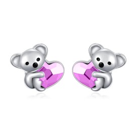 Sterling Silver Koala Bear Birthstone Stud Earrings - Hypoallergenic Heart Crystal Koala Earrings Gift for Women Lovers, Small, Sterling Silver, crystal