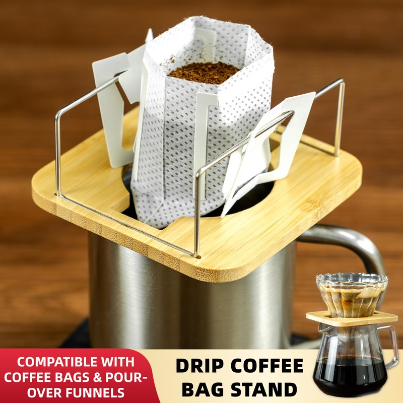 NEOUZA Bamboo & Stainless Steel Coffee Stand, 2-in-1 Drip Bag