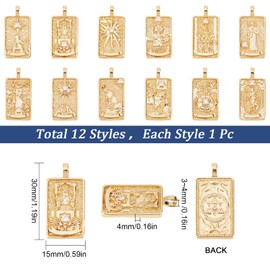 SUNNYCLUE 1 Box of 12 Pieces 12 Style Real 18K Gold-Plated Brass Charms Micro Pave Tarot Card Charms for Jewellery Making Cubic Zirconia Tarot Charm King Queen Sun Earrings Necklace Supplies