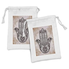 Ambesonne Hamsa Fabric Pouch Set of 2, Culture Esoteric Luck Charm with Round Mandala, Small Drawstring Bag for Toiletries Masks and Favors, 9" x 6", Dark Brown Cinnamon