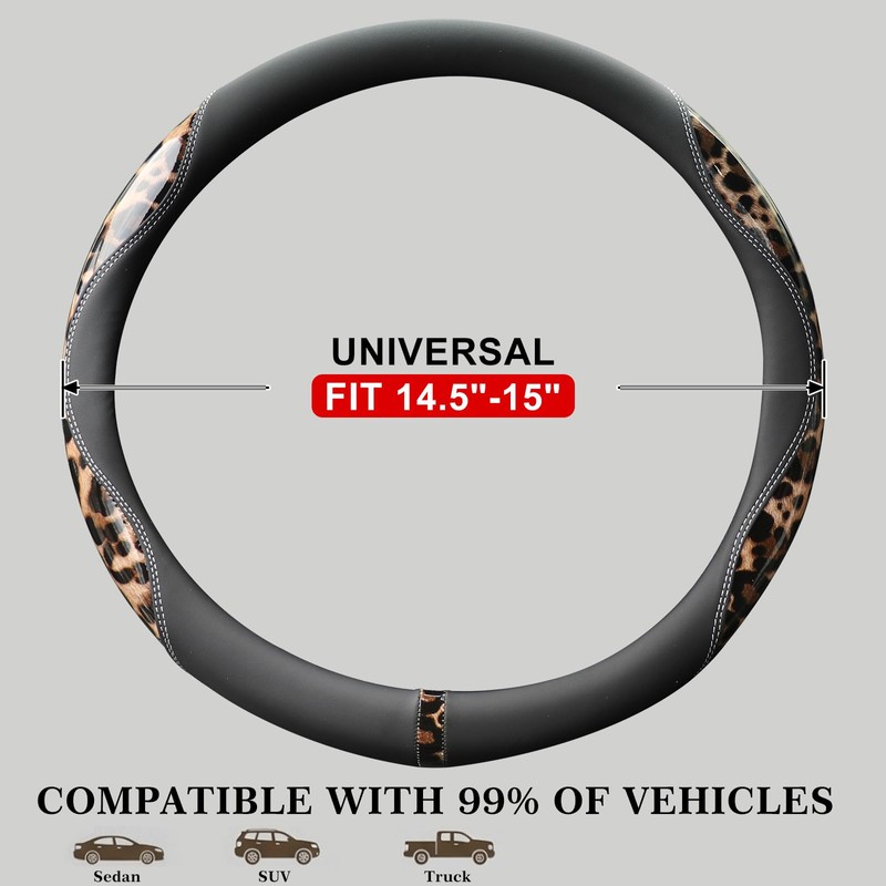Leopard Steering Wheel Cover for Women, 15 Inch Leather, Brown