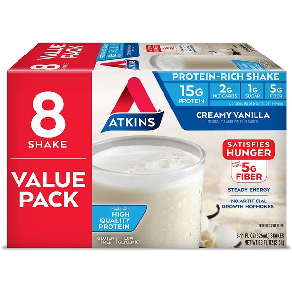 Atkins Gluten Free Protein-Rich Shake, Creamy Vanilla, Keto Friendly, 8 Count (Pack of 1)
