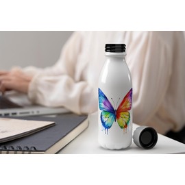 MAXIKIWI Einwandige Wasserflasche mit Schraubverschluss, nicht isoliert, leichtes Aluminium, BPA-frei, auslaufsicher, Regenbogen-Schmetterlings-Aquarell, 500 ml