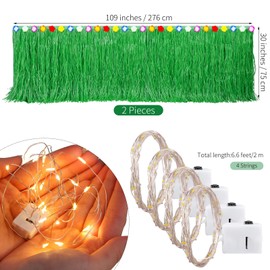 Aneco 2 Pieces Luau Grass Table Skirt Hawaiian Table Skirt Grass Skirt Table Fringe with LED String Light for Tropical, Hawaiian Themed, Birthday Party (Green)