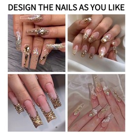 CharmeFleur 1 Box Champagne Gold Nail Art Rhinestones Multiple Shapes 3D Flat Back Bedazzling Crystals Non Hotfix Nail Gemstones with Pliers Gripper Pen for Manicure