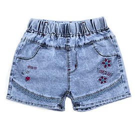 Peacolate 7-11Y Little&Big Girls Denim Summer Shorts Teens Elastic Waistband Flower Ripped Jeans (9Y,Heart)
