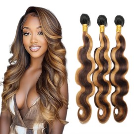 Ombre Honey Blonde And Dark Brown T1BP4/27 Bundle Body Wave Bundles Highlight Human Hair Bundles 14 16 18 Inch 3 Bundles Black Roots to Brown and Blonde 3 Tone Human Hair Extensions For Woman