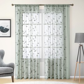 HOMEIDEAS Sage Green Sheer Curtains 52 X 96 Inches Long 2 Panels Embroidered Leaf Pattern Pocket Faux Linen Floral Semi Sheer Voile Window Curtains/Drapes for Bedroom Living Room