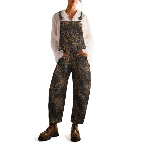 Qazel Vorrlon Denim Overalls for Women Leopard Print Barrel Wide