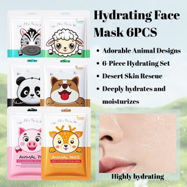 Hydrating Face Mask 6PCS - Collagen Infused Sheet Masks with Animal Designs for Glowing Skin, Deep Moisture & Pore Refining, Perfect for Spa Night, Self Care Routine & Birthday Gifts for Women