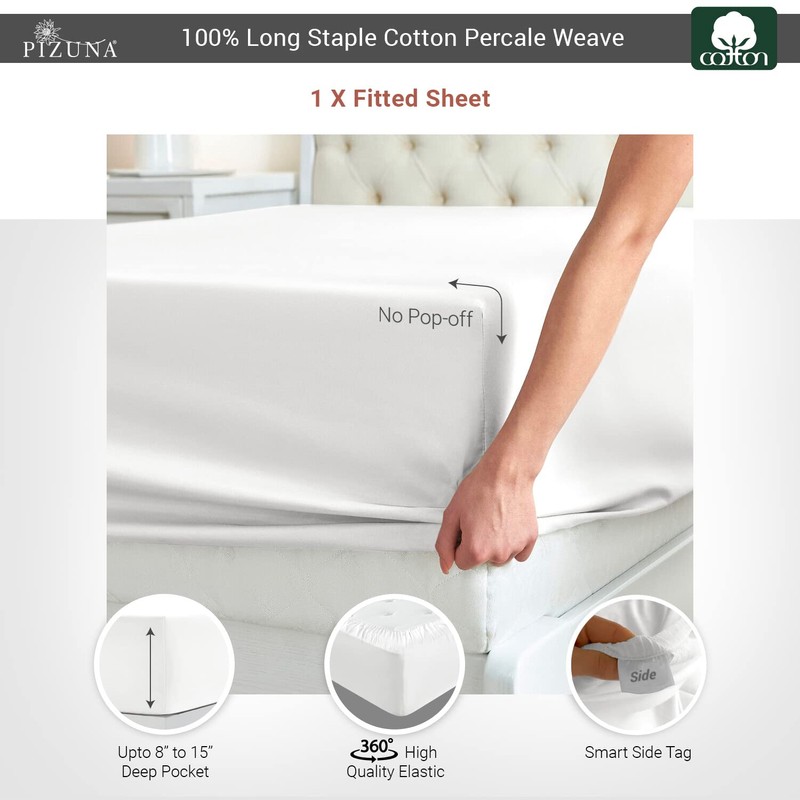 Pizuna Cotton Percale Single Fitted Sheet White,100% Long Staple Combed