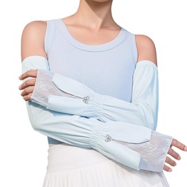 RainFlowwer Blue UV Sun Protection Arm Sleeves for Women, Cooling Driving Cycling Sleeves Long Women with Lace Patchwork Cuffs and Rhinestone Bow