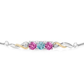 Two-Tone Gemstone Birthstone and Pink Created sapphire and Accent Lab Grown Diamond Infinity Tennis Bracelet For Women In 925 Silver and 10K Yellow Gold | Round 5MM | Fully Adjustable Up to 9 Inch