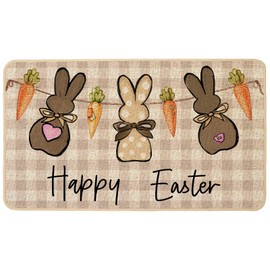 Baccessor Easter Doormat Rug 17x29 inch, Wood Bunny Rabbit Carrots Welcome Door Mat for Floor Non Slip Rubber Backing Seasonal Holiday Switch Mat for Indoor Outdoor
