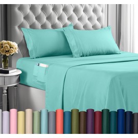 Utopia Bedding Full Sheet Set, Soft Microfiber 4 Piece Hotel Luxury Bed Sheets for Women, Men, Kids & Teens with Side Storage Deep Pocket Fitted Sheet- Embroidered Pillow Cases - Flat Sheet (Spa Blue)
