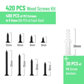 Mr. Pen- Wood Screws Assortment Kit, 400 Pcs, 20 M6 Screw Anchor, Black Phillips Tips, Flat Head, M3, Assorted Set
