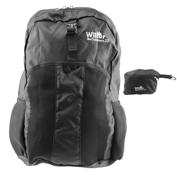 Wilcor Pocket Fold Backpack 20L, Black, Ultralight Packable Backpack, Expandable
