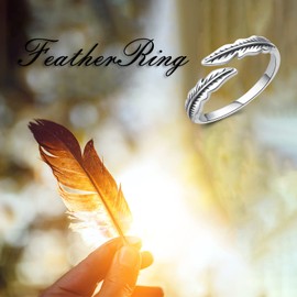 Hioed Angel Wings Feather Ring 925 Sterling Silver Adjustable Rings Vintage Dainty Leaf Open Rings Gift for Women Men