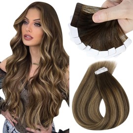 Sunny Hair Sunny Hair Tape in Hair Extensions Human Hair Brown Balayage Tape in Human Hair Extensions Medium Brown Balayage Caramel Blonde Tape in Hair Extensions Brown Tape Extensions 25G 20inch