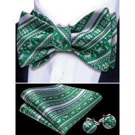 Barry.Wang Self Tie Bow Ties for Men Green and White Bow Tie Pocket Square Cufflinks Set Paisley Flower Bowtie Christmas