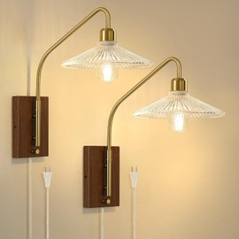 AIJIASI Plug in Wall Sconces, Gold Wall Sconces Set of Two with Glass Shade, Swing Arm Wall Lights Farmhouse Plug in Sconce Indoor Wall Mounted Lamp for Bedroom Bathroom Living Room (E26 Base)