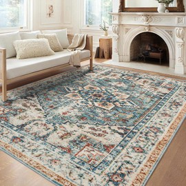 Mueinxiei Area Rugs 5x7 Low-Pile Vintage Rug - Washable Non-Slip Carpet for Living Room, Bedroom & Dining Room | Water Repellent Indoor Floor Mat for Home Office