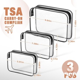 Waterproof Quart Size Travel Makeup Cosmetic Bag, 3Pcs PVC Zippered Toiletry Carry Pouch, Clear Travel Makeup Toiletry Bag, Quart-Sized Clear Cosmetic Makeup Pouch