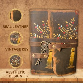 URBAN LEATHER 8 inch Tree for Life Heart Leaves Rustic Key Journal with Old Deckle Edge Pages for Men Women Vintage Sketchbook Leather Bound Notebook Print Diary Blank Unlined Paper