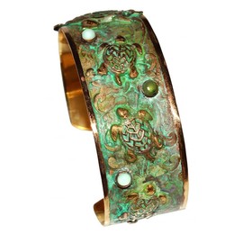 Elaine Coyne Collectible Artwear Verdigris Patina Solid Brass New Sea Turtle Cuff - Semi Precious Stones