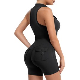 YEOREO Sleeveless Workout Jumpsuit With Pockets Zip Up Back Scrunch Gym Romper for Women Yoga Black M