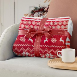 Velosso Chunky Scandi Nordic Hygge Winter Warm Reversible Sherpa Thick Throw Thermal Blanket, 127x152cms Faux Fur Sherpa Fleece Sofa Throw Bed Blanket (Red)