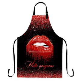 SSCSTS Hello Gorgeous Lips Apron with 2 Pockets, Adjustable Size Bib Aprons for Girls Women Kitchen Cooking Baking Gardening, Red, 26.5x33.1in