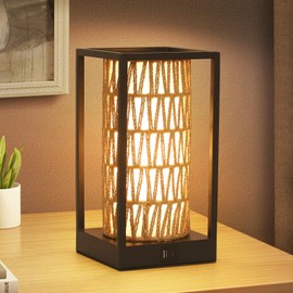 Jobtical Small Table Lamp for Bedroom,Touch Control Boho Desk Lamp for Nightstand with Rattan & Linen Shade,3-Way Dimmable Reading Bedside Table Lamp with USB Charging Port for Living Room,Office