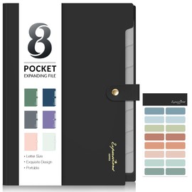 Sooez Elegant Accordion File Organizer with Labels, 8 Pocket Expanding File Folder, Portable Folders for Documents, Cute Paper Organizer for School Office Supplies, Letter Size, Black