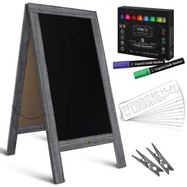 A Frame Chalkboard with Chalk Markers by HBCY Creations: 40x20 Solid Wood A-Frame Sign Gray Double-Sided Magentic Menu Board, Deluxe Set includes 8 Chalk Markers, 10 Stencils, 2 Magnets